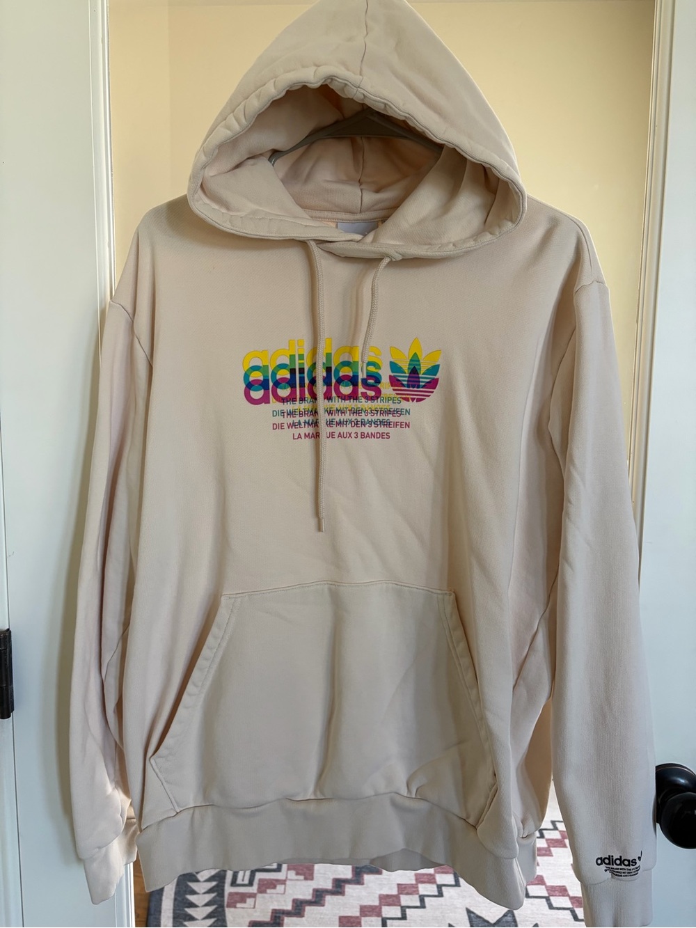 adidas Cream Hoodie with Multicolor Trefoil Logo